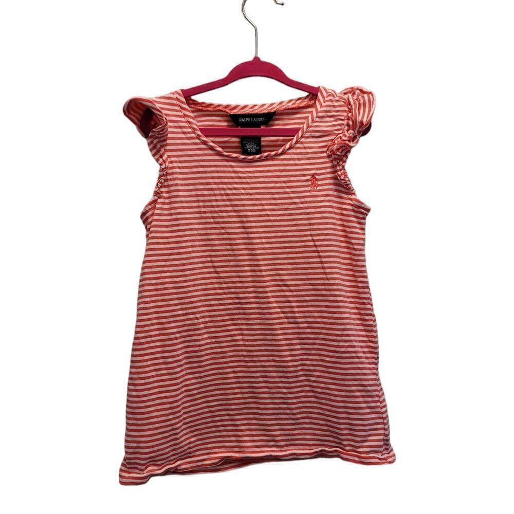 Ralph Lauren Girls 100% Cotton Striped Flutter Sleeve Top Pink White Size 6